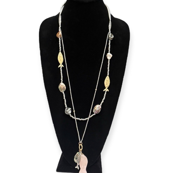 CHICO’S Convertible Two-Tone Abalone & Pink Quartz Fish Beaded Necklace Set-NWT - Picture 12 of 13